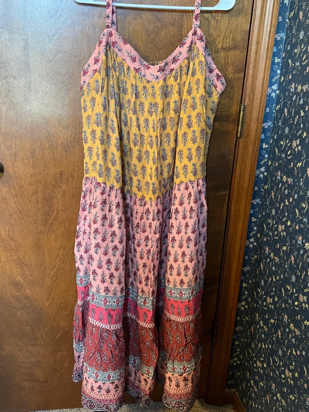 Knox Rose Pink and Mustard Floral Bohemian Tiered Maxi Dress 2X NWT